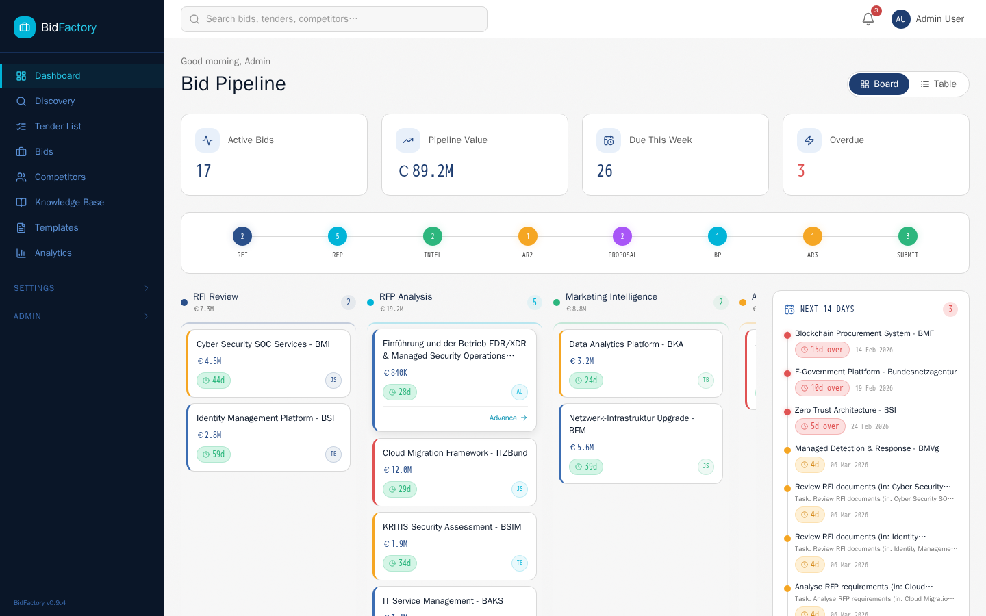 BidFactory main interface showing sidebar, header, and content area