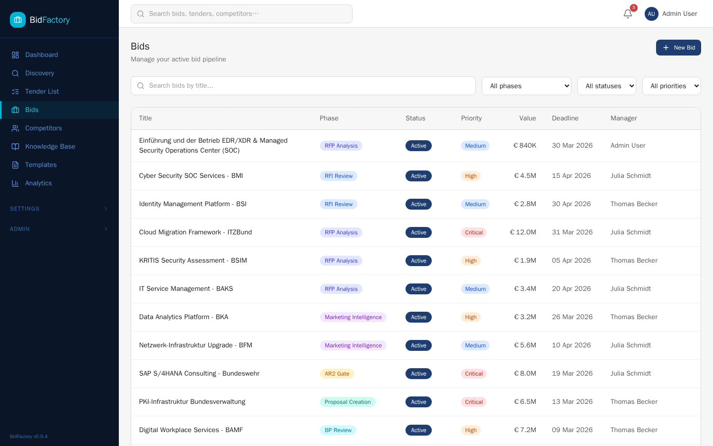 Bids list page showing filters and bid table