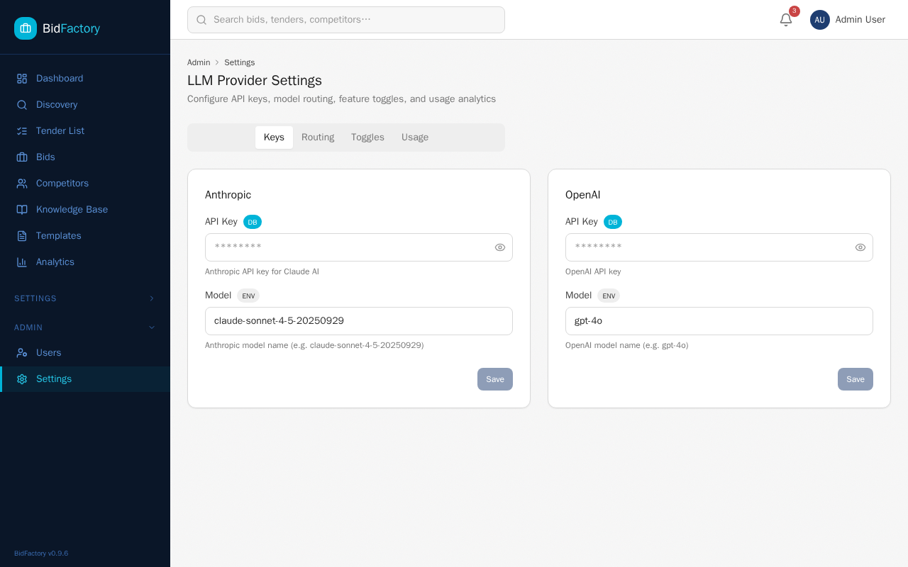 AI Provider Settings — Keys tab showing Anthropic and OpenAI provider cards with API key fields, model inputs, and DB/ENV source badges