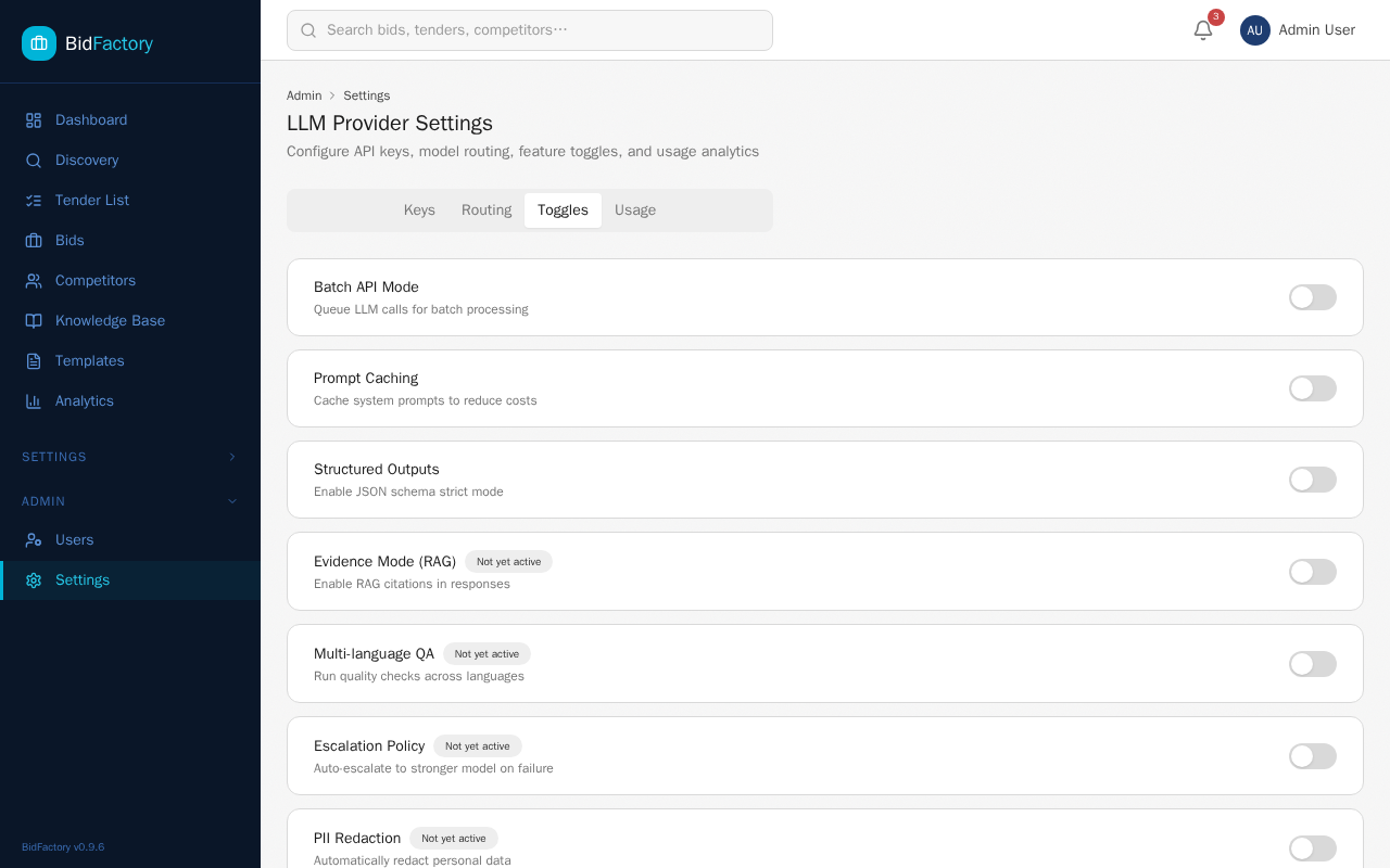 AI Provider Settings — Toggles tab showing seven feature flags with toggle switches, including Batch API Mode, Prompt Caching, Structured Outputs, and planned features marked Not yet active