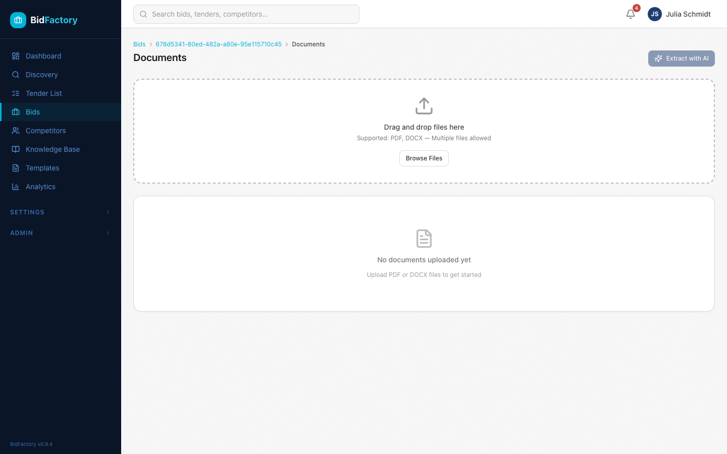 Documents tab showing empty state with upload area