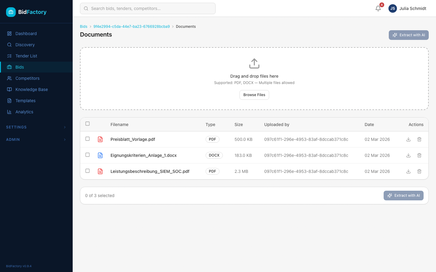 Documents selected with Extract with AI button visible