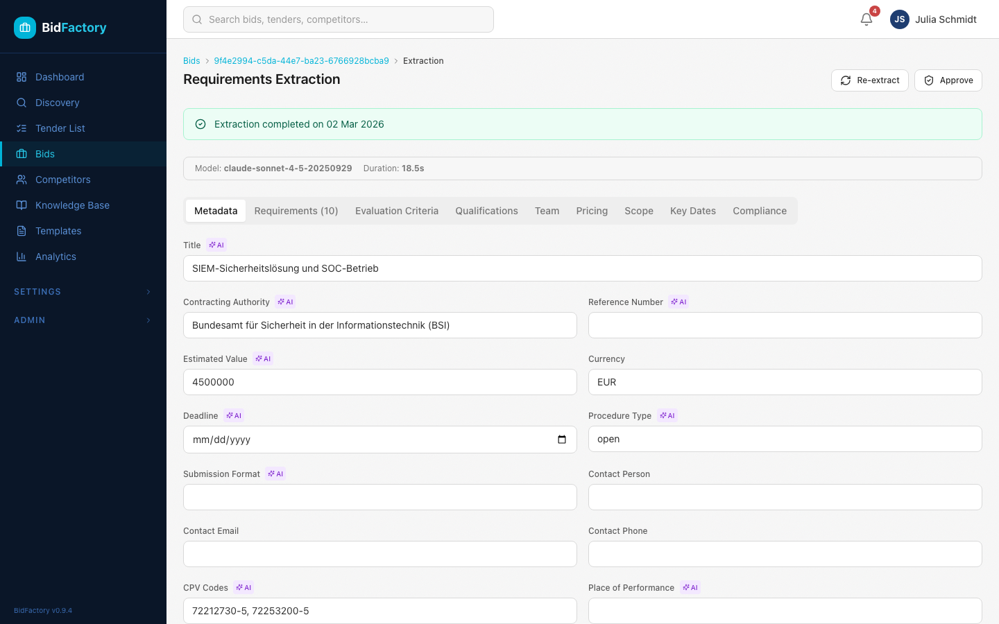 Extraction page overview showing tabs and content