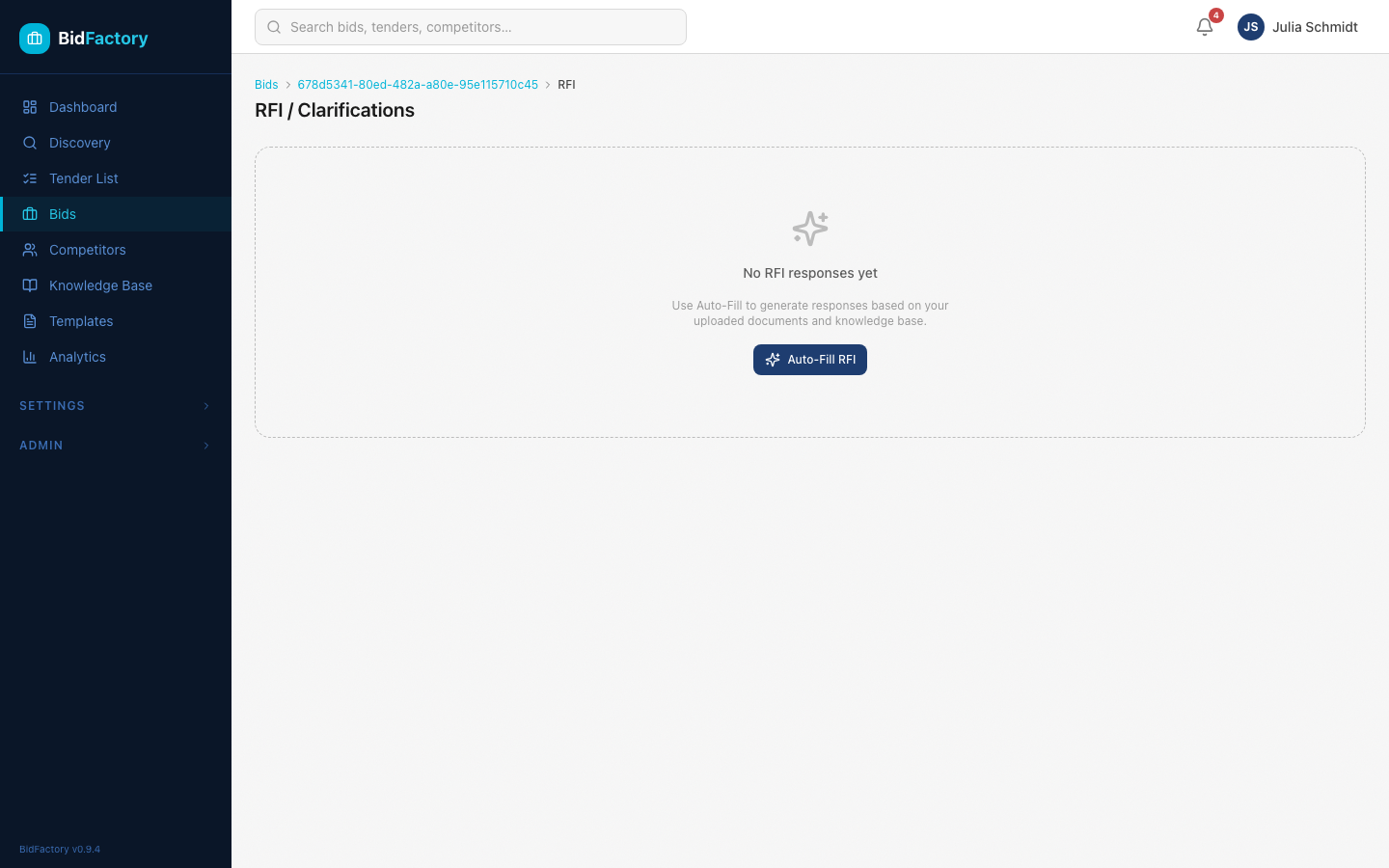 RFI page showing empty state with auto-fill button